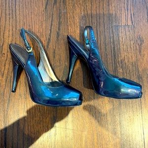 EUC, Joan & David, blue-w/ green tint patent leather platform heels, 6.5